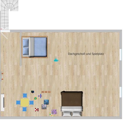 Ein gut gestalteter Dachgeschossraum mit einem Schlafzimmer und einem Spielbereich. Es gibt ein Bett, einen Spieltisch und verschiedene Spielsachen auf dem Boden.