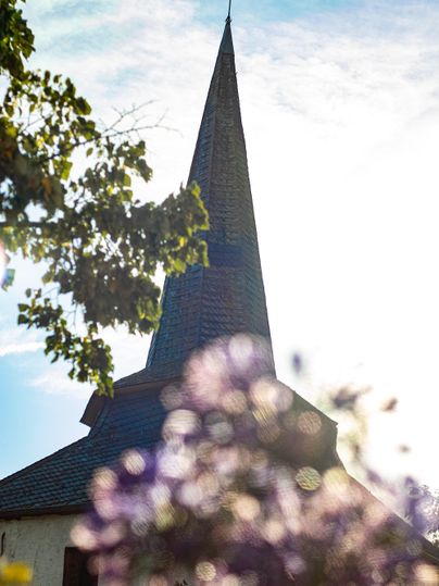 Ein Kirchturm ragt in den Himmel, umgeben von grünen Blättern und bunten Blumen. Die Sonne scheint hell im Hintergrund.