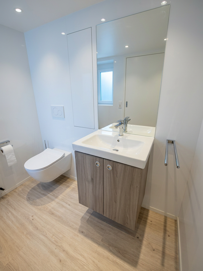 Een moderne badkamer met een heldere wastafel en houten kast. De muren zijn wit en er is veel natuurlijk licht.