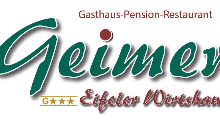 Ein Logo für das Gasthaus Geimer, das auch eine Pension und ein Restaurant ist. Unter dem Namen steht "Eifeler Wirtshaus" und es sind drei Sterne abgebildet.