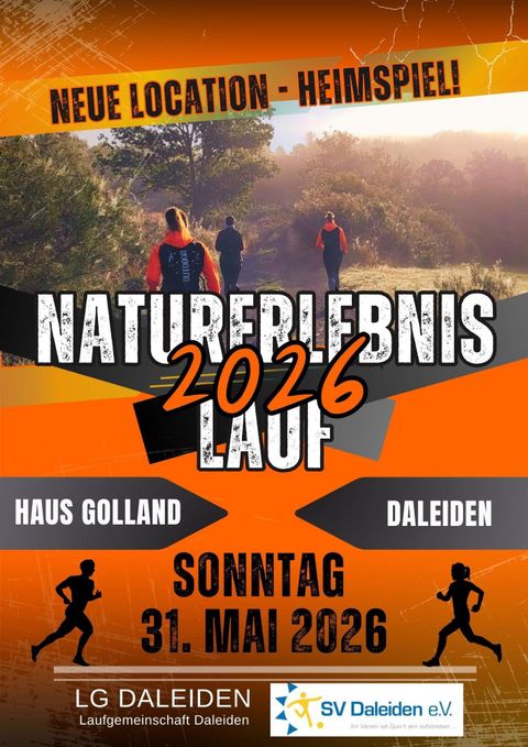 Ein Plakat für den Naturerlebnis Lauf 2025 im Irsental. Der Lauf findet am Samstag, den 17. Mai 2025, statt und beinhaltet eine Tombola mit tollen Preisen.